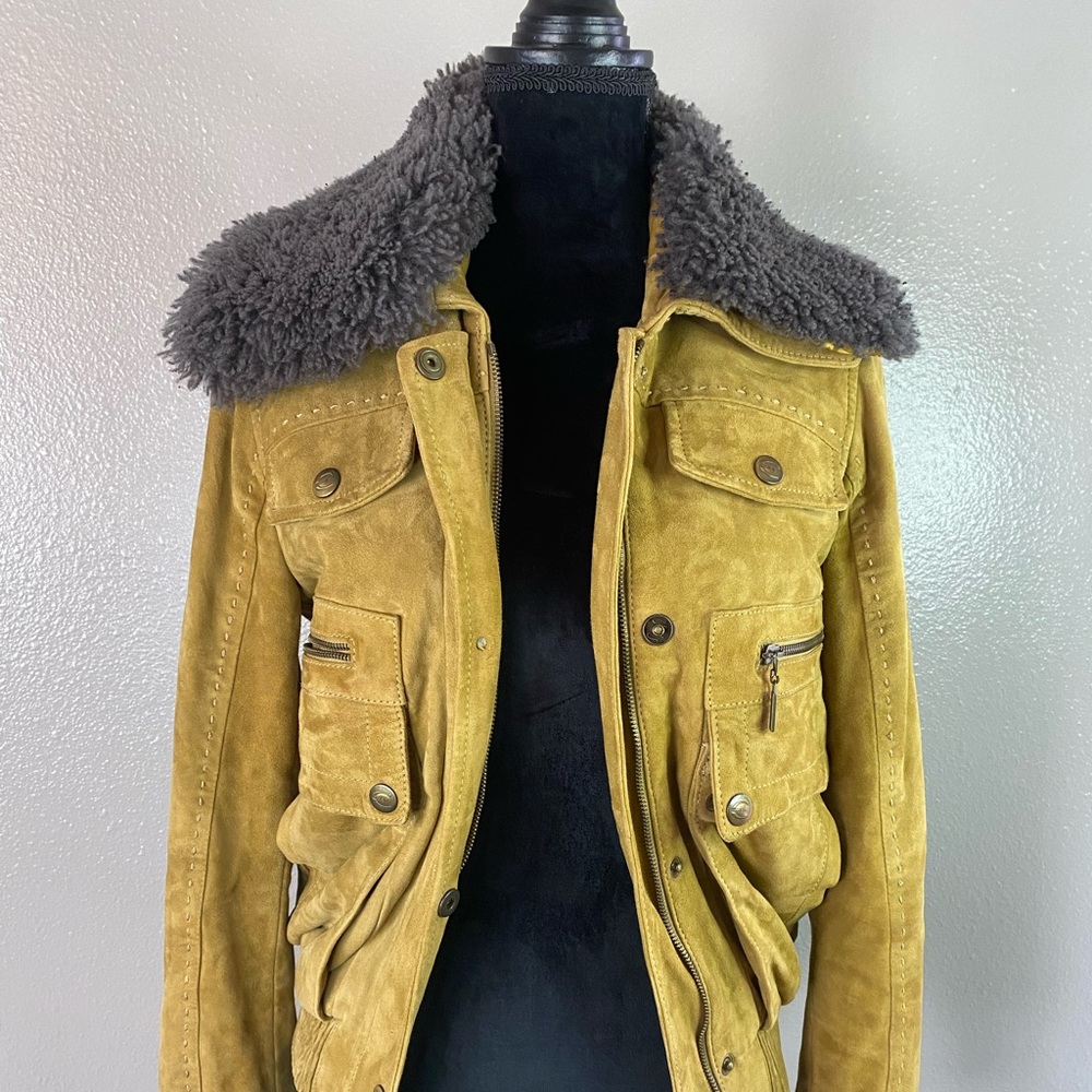 Just Cavalli Yellow Leather Jacket with Gray Collar